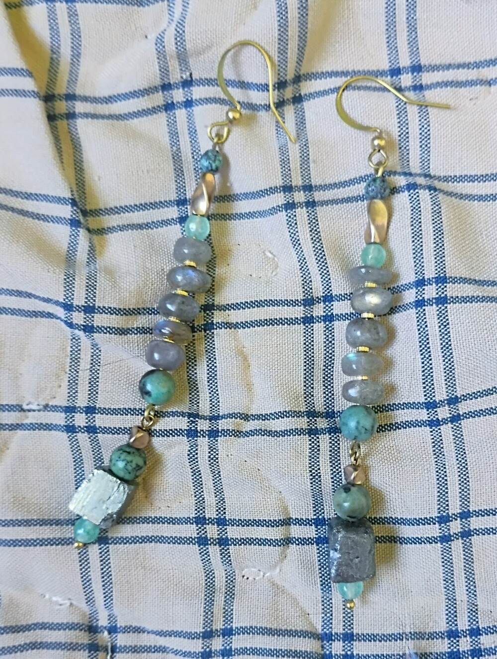 Labradorite, African Turquoise, and Pyrite Cube Long Handmade Earrings